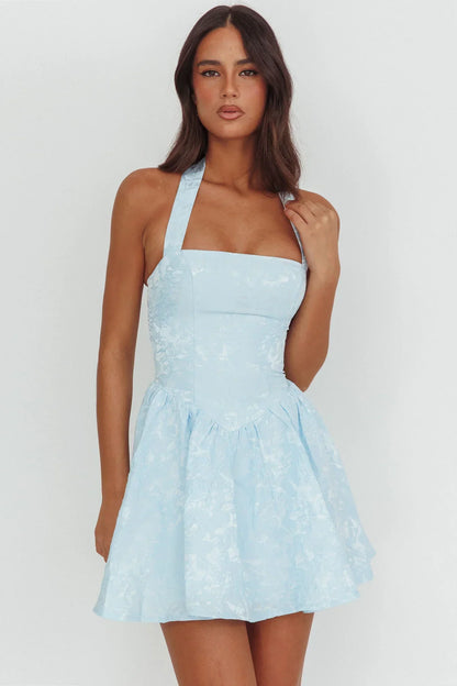 Serrah Halter Mini Dress Jacquard Blue