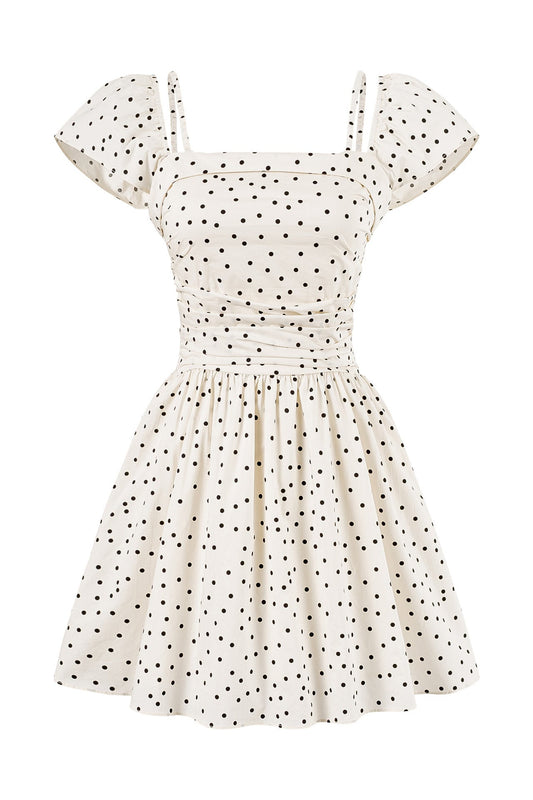Cap Sleeves White Polka Dots Short Dress