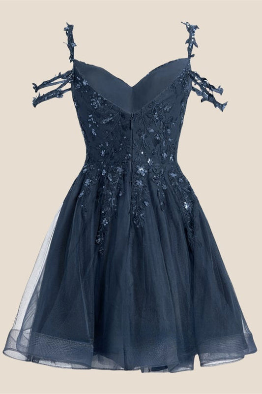 Cold Shoulder Navy Blue Sequin Short Dress