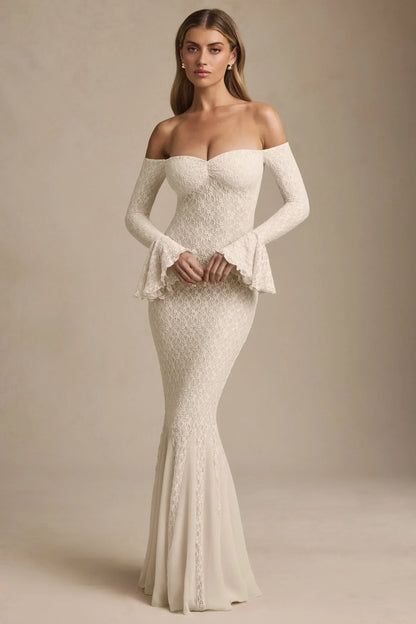 Off-Shoulder Ruffle Lace Maxi Dress in Ivory