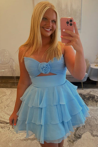 Strapless Blue Pleated Tiered Short Dress with Rosette