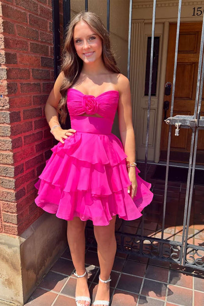 Strapless Blue Pleated Tiered Short Dress with Rosette