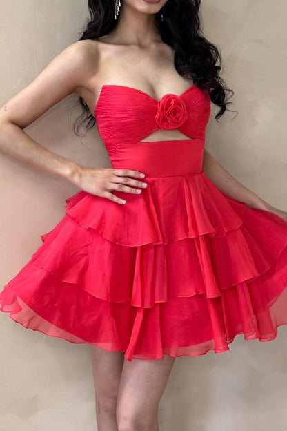 Strapless Blue Pleated Tiered Short Dress with Rosette