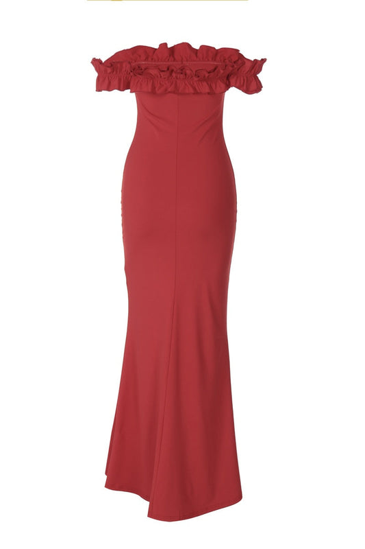 Ruffle Off the Shoulder Red Fitted Dress