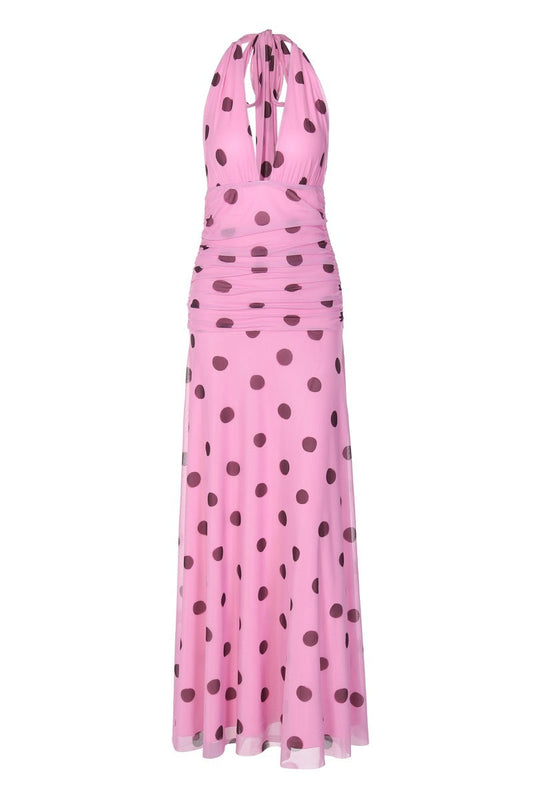 Pink Polka Dot Halter Long Dress