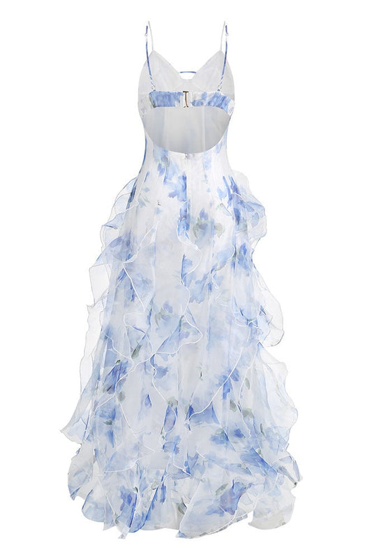 Blue Floral Straps Ruffle Slit Dress