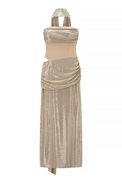 Blue Sequin Strapless Ruched Long Dress with Scarf