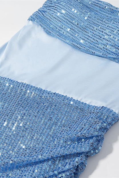 Blue Sequin Strapless Ruched Long Dress with Scarf