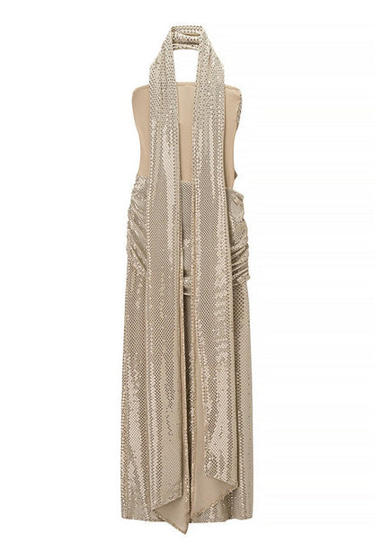 Blue Sequin Strapless Ruched Long Dress with Scarf