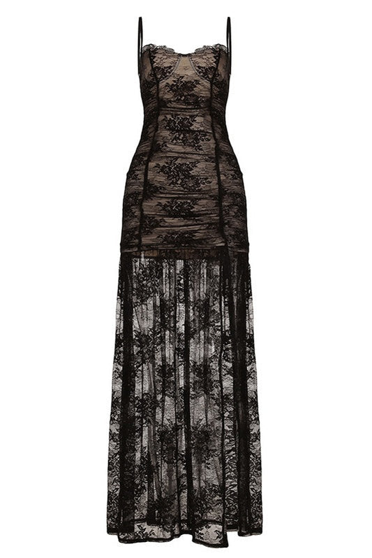 Black Lace Straps Sheer Long Dress