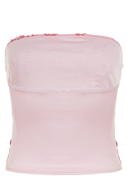 Pink Sequin Strapless Crop Top