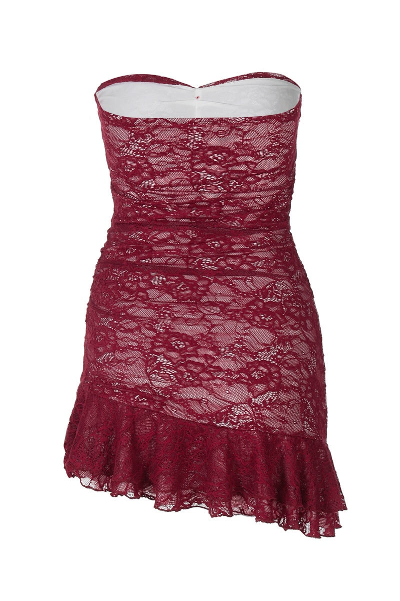 Strapless Burgundy Lace Fitted Short Dress