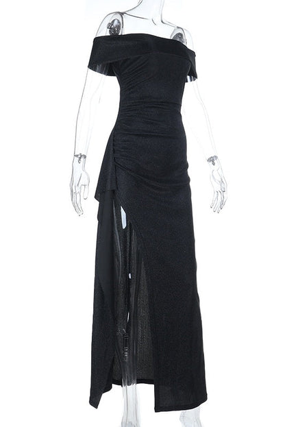 Black Folded Off the Shoulder Black Frill Dress