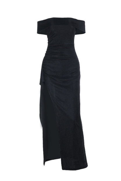 Black Folded Off the Shoulder Black Frill Dress