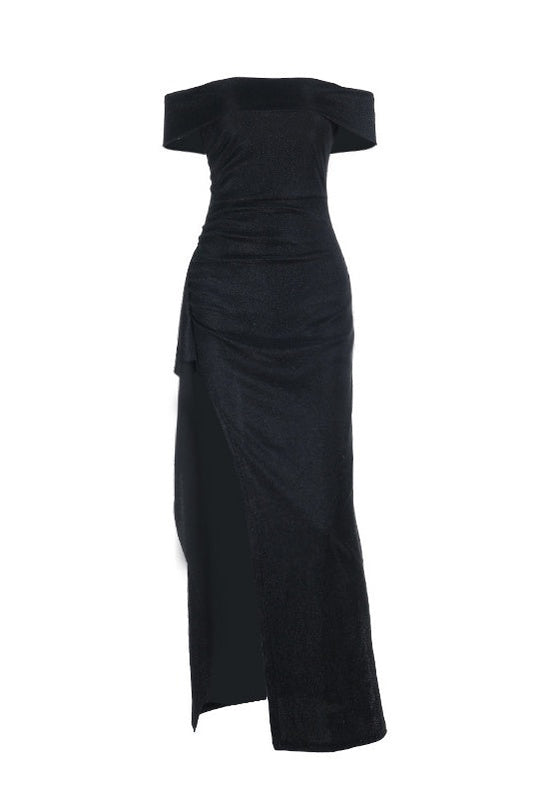 Black Folded Off the Shoulder Black Frill Dress