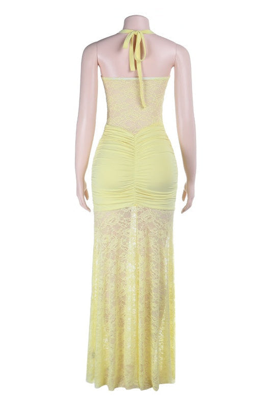 Halter Yellow Lace Sheer Fitted Long Dress