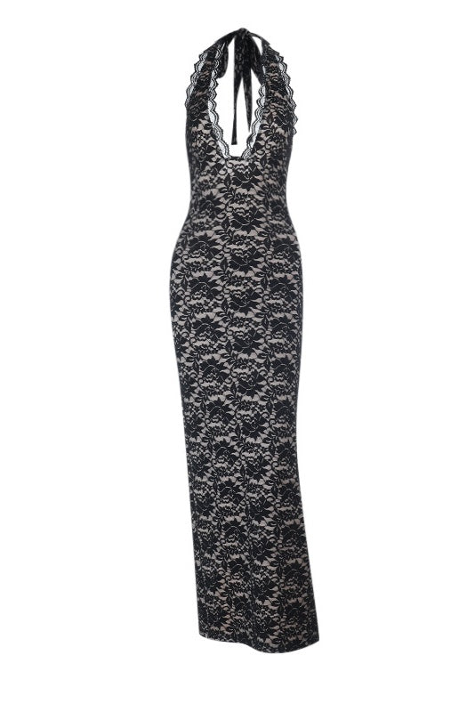 Halter Black Lace Fitted Long Dress