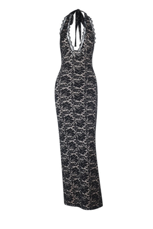 Halter Black Lace Fitted Long Dress