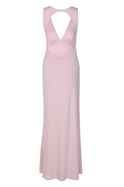 Backless Pink V neck Fitted Long Dress