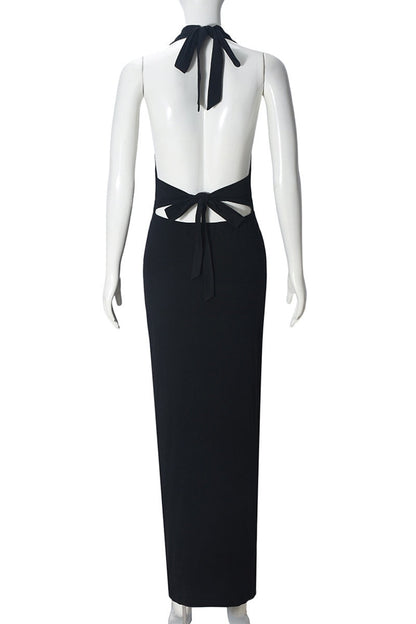 Halter Black Plunge Fitted Slit Dress