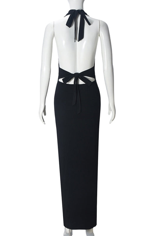 Halter Black Plunge Fitted Slit Dress