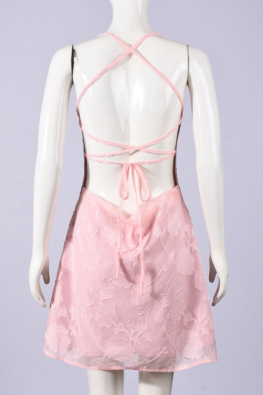 Pink Spaghetti Straps Printed Mini Dress