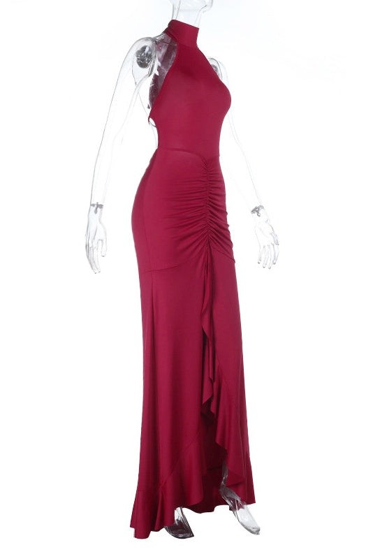 Burgubdy Halter Tie Long Mermaid Dress