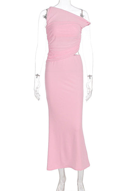 One Shoulder Pink Cutout Fitted Long Dress