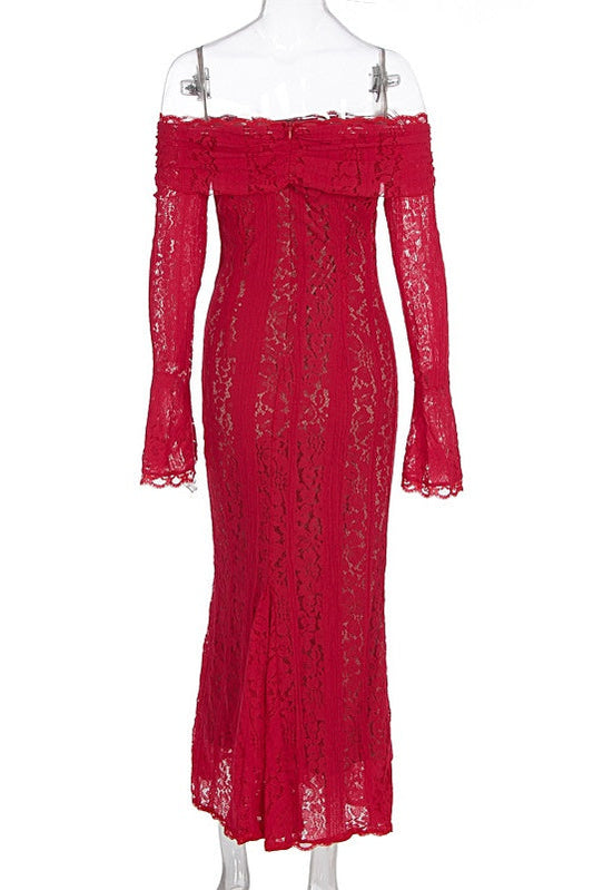 Red Lace Off-the-shoulder Long Dress