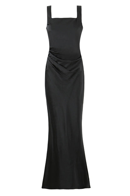 Square Neck Navy Blue Ruched Fitted Long Dress
