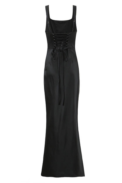 Square Neck Navy Blue Ruched Fitted Long Dress