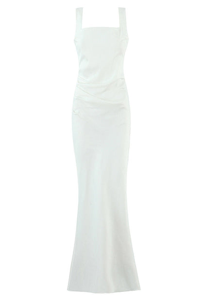 Square Neck Navy Blue Ruched Fitted Long Dress