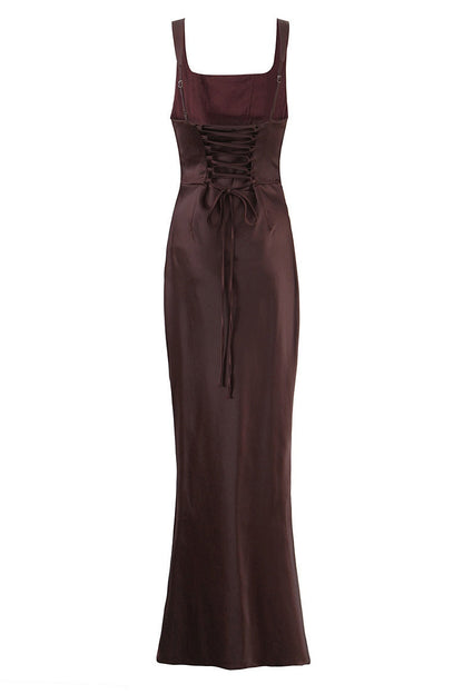 Square Neck Navy Blue Ruched Fitted Long Dress