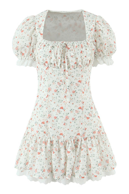 Black Floral A-line Short Dress with Short Sleeves
