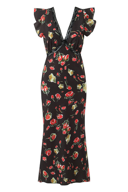 Black Printed V-Neck Long Dress with Lace Trim