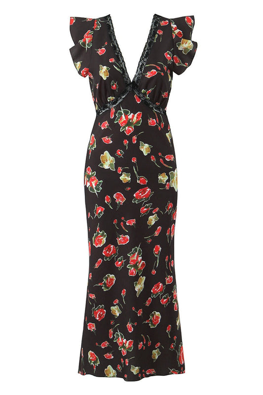 Black Printed V-Neck Long Dress with Lace Trim