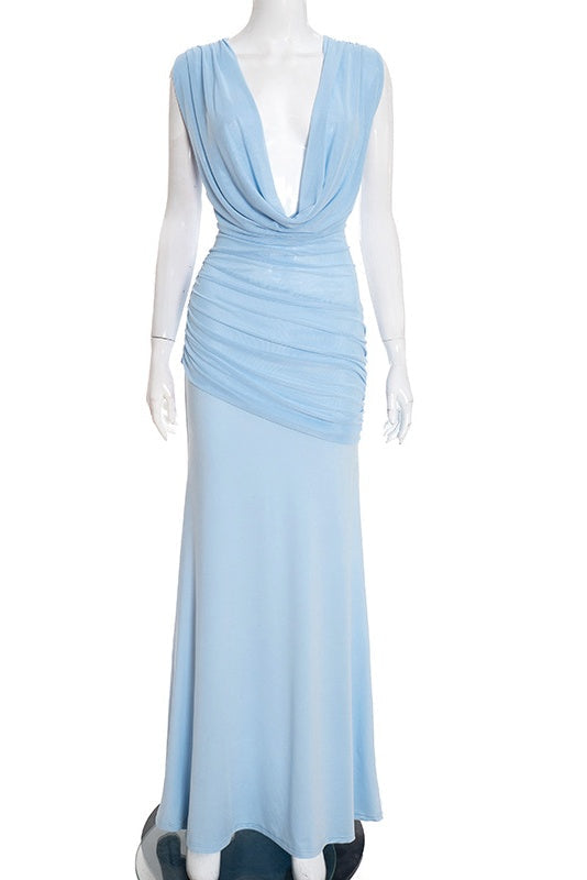 Sexy Light Blue Cowl Neck Draped Long Dress