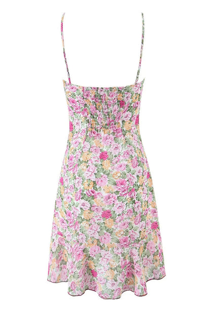Fuchsia Floral Spaghetti Strap Bow Long Dress