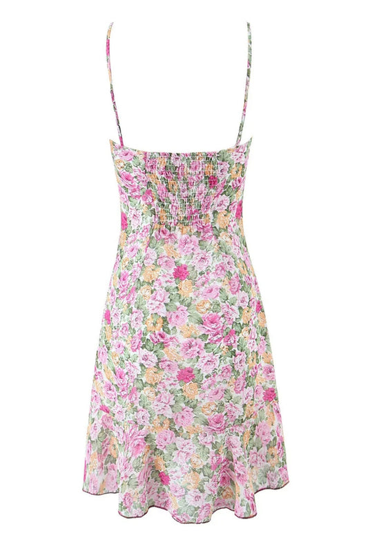 Fuchsia Floral Spaghetti Strap Bow Long Dress