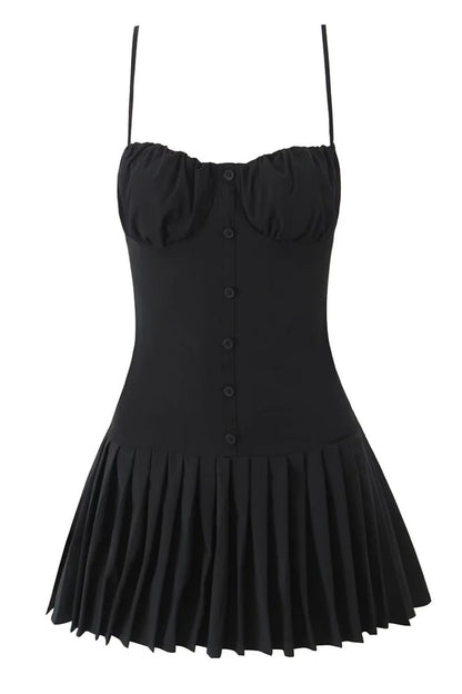 Red Spaghetti Strap Button Ruffle Skirt