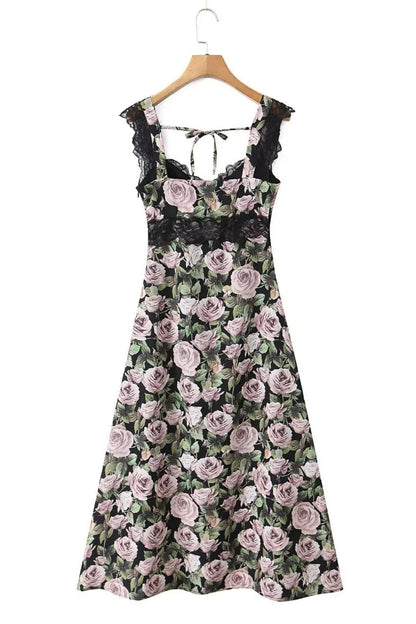 Floral Lace Straps Bow Long Summer Dress