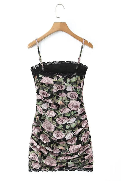 Spaghetti Strap Floral Ruched Short Skirt