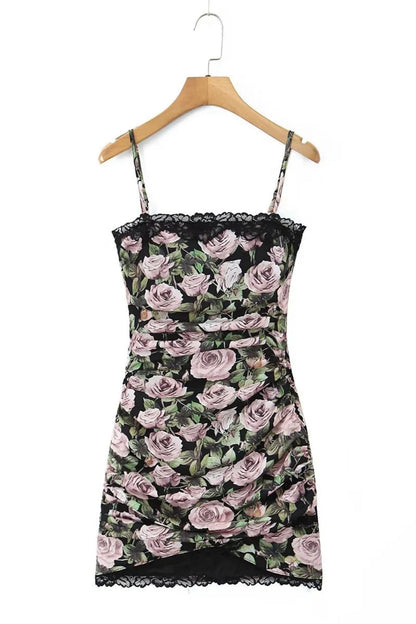 Spaghetti Strap Floral Ruched Short Skirt