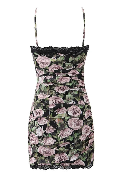 Spaghetti Strap Floral Ruched Short Skirt