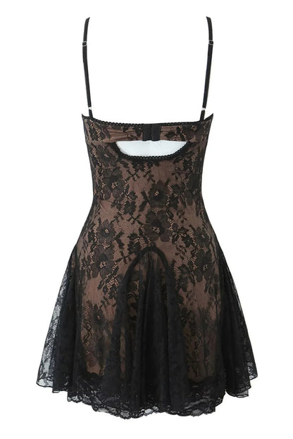 Spaghetti Strap Black Bow Lace Applique Skirt