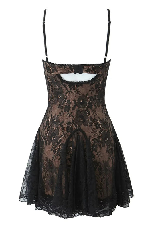 Spaghetti Strap Black Bow Lace Applique Skirt