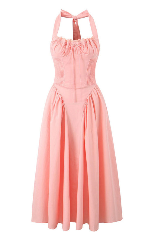 Red Halter Ruched Bow Long Dress