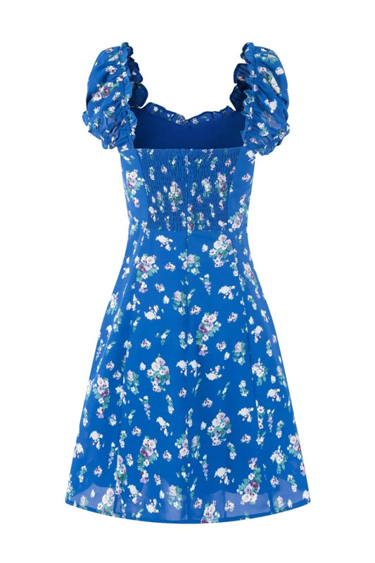 Blue Floral Puff Sleeves Bow Long Dress