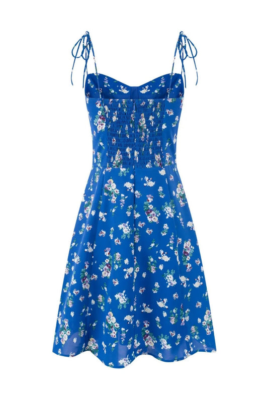 Blue Floral Spaghetti Strap Bow Long Dress
