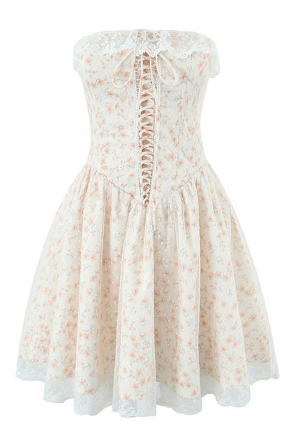 Floral Lace Neckline Lase-up Tull Skirt